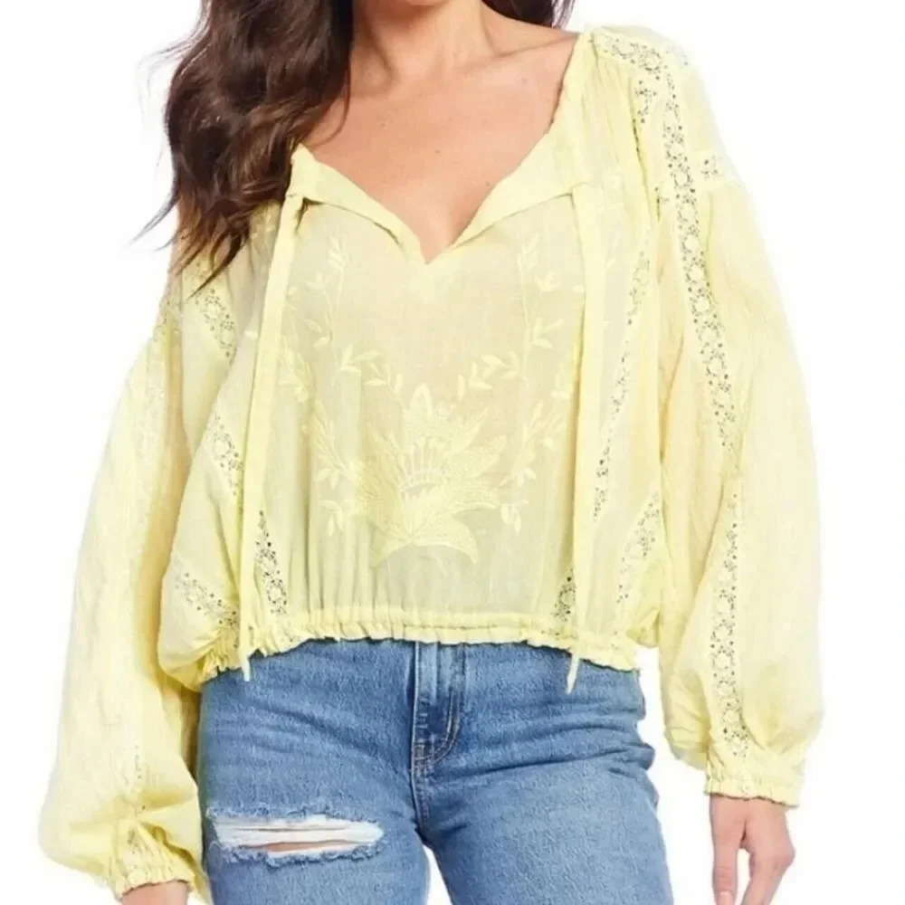 Free People Maria Maria Lace Yellow Embroidered Peasant Boho Top Size S